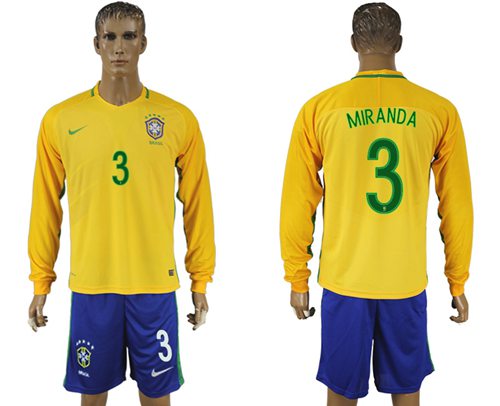 Brazil #3 Miranda Home Long Sleeves Soccer Country Jersey - Click Image to Close